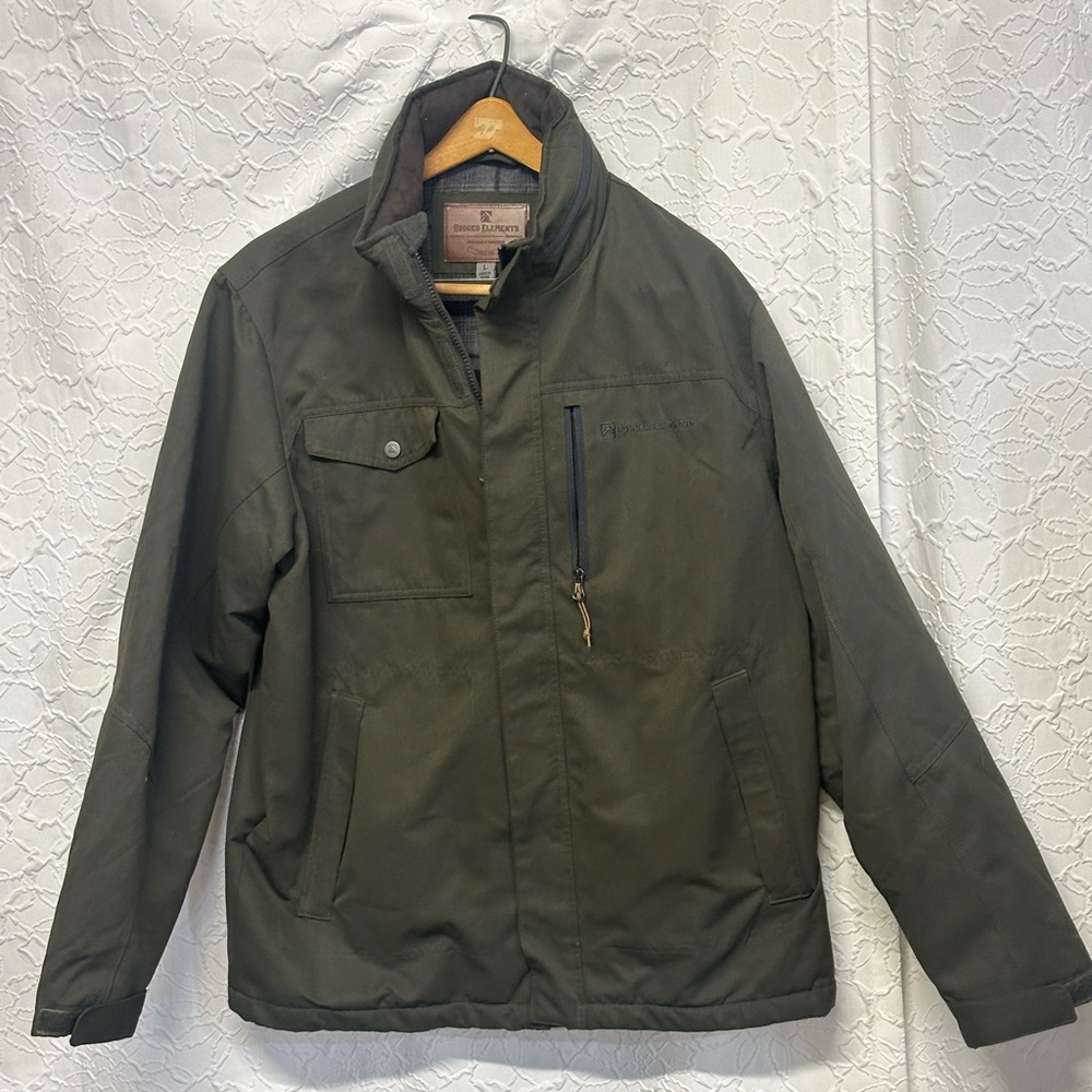 Rugged Elements Men’s L Olive Green Outdoor Jacket Fleece Lined Hooded Coat warm